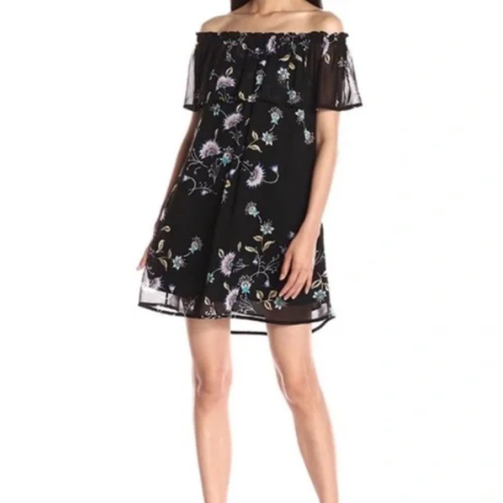Rebecca Minkoff Dawson Off Shoulder Mini Dress Black Chiffon Floral Large